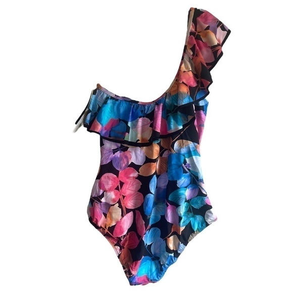 New! Profile by Gottex Color Rush Black Ruffle One Shoulder One Piece Swimsuit - Picture 4 of 7
